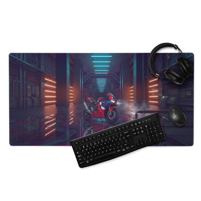 Honda CBR1000RR-R Fireblade Inspired Red Blue Vaporwave Gaming Mouse Pad – Neon Cyber Garage Desk Mat, Moody Futuristic Sportbike Digital Art