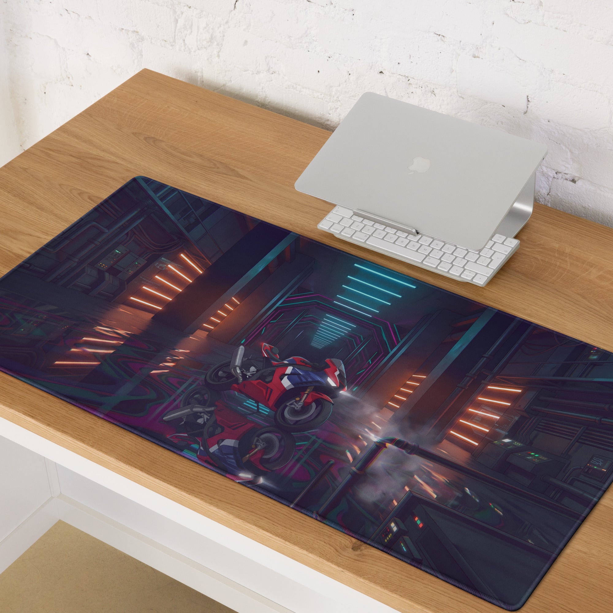Honda CBR1000RR-R Fireblade Inspired Red Blue Vaporwave Gaming Mouse Pad – Neon Cyber Garage Desk Mat, Moody Futuristic Sportbike Digital Art