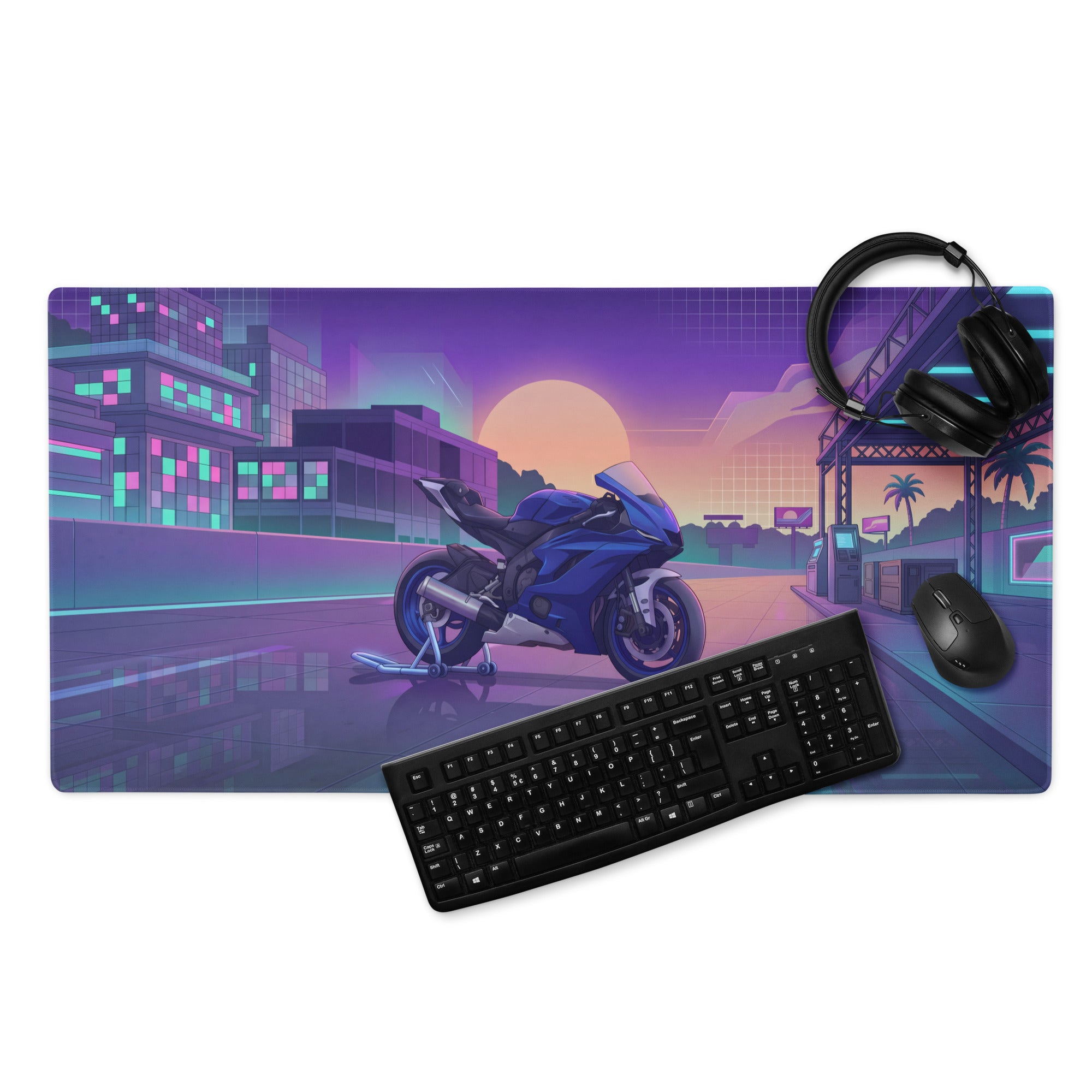 Yamaha R6 Inspired Blue Purple Vaporwave Gaming Mouse Pad – Neon Sunset City Desk Mat, Retro Futuristic Sportbike Digital Art