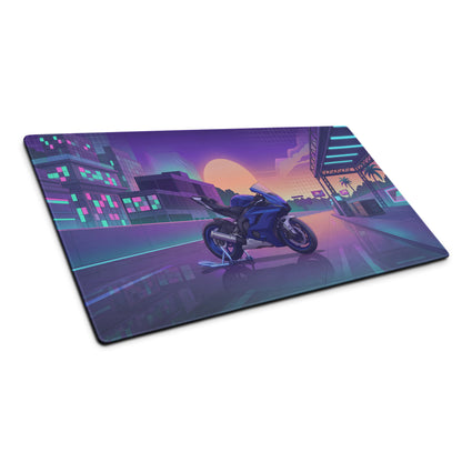 Yamaha R6 Inspired Blue Purple Vaporwave Gaming Mouse Pad – Neon Sunset City Desk Mat, Retro Futuristic Sportbike Digital Art