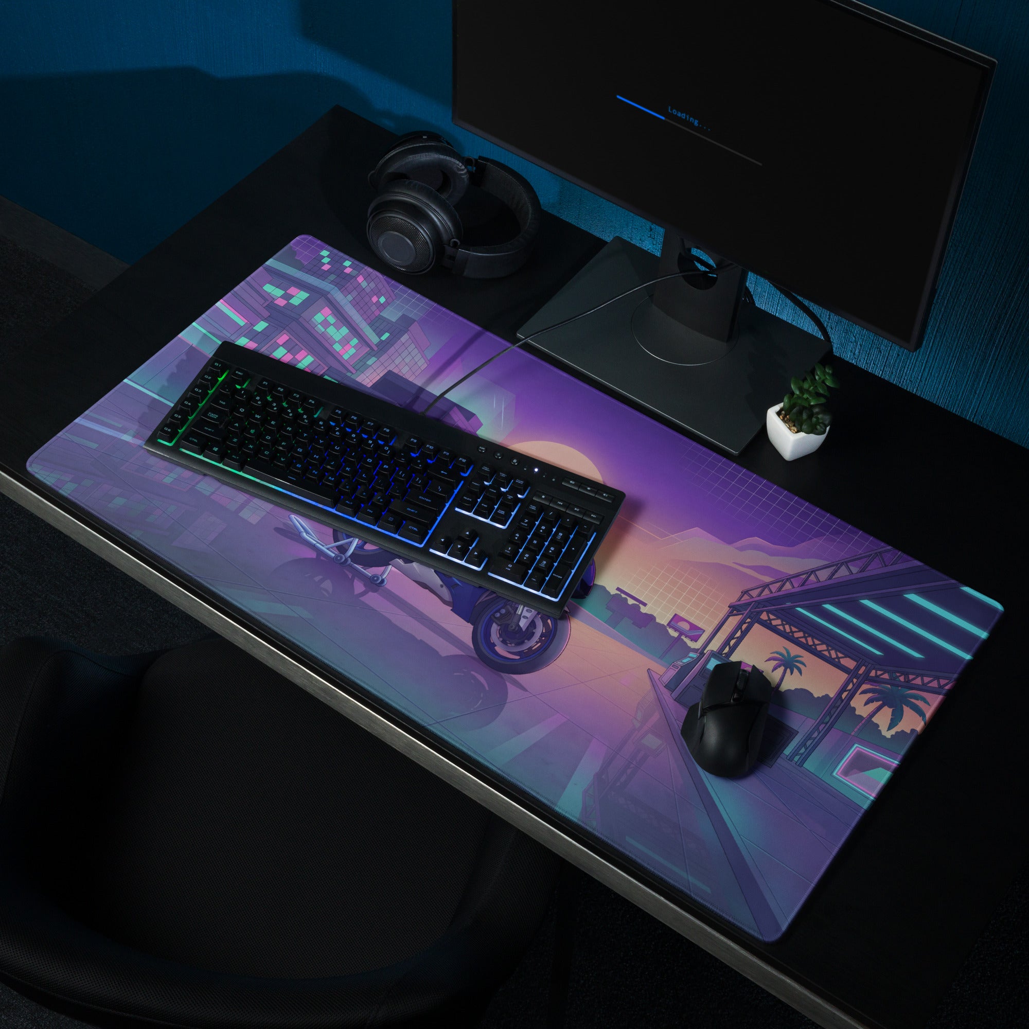 Yamaha R6 Inspired Blue Purple Vaporwave Gaming Mouse Pad – Neon Sunset City Desk Mat, Retro Futuristic Sportbike Digital Art