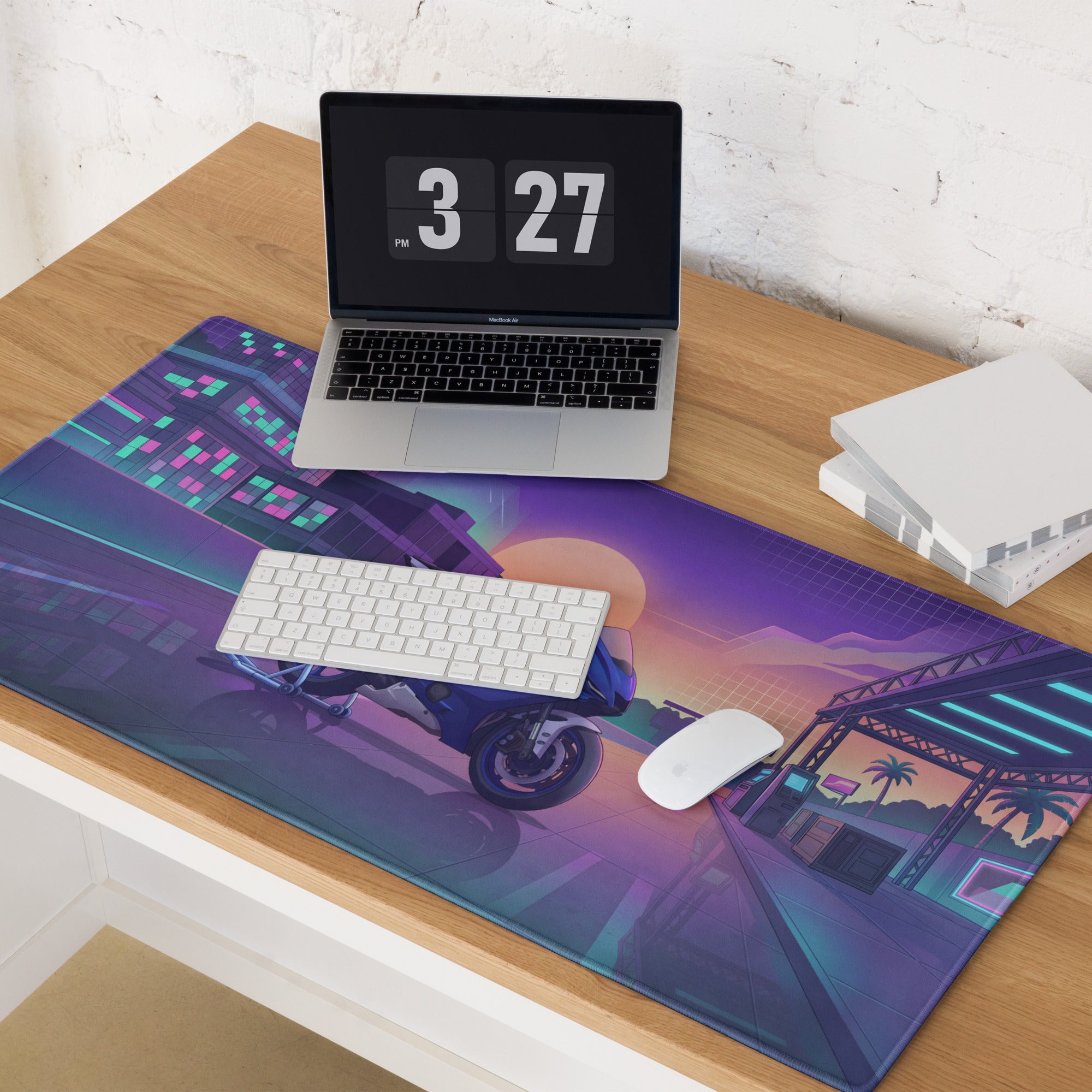 Yamaha R6 Inspired Blue Purple Vaporwave Gaming Mouse Pad – Neon Sunset City Desk Mat, Retro Futuristic Sportbike Digital Art