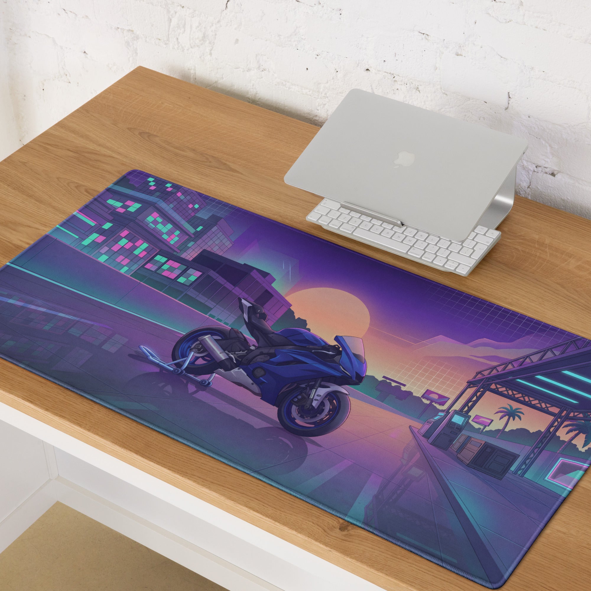 Yamaha R6 Inspired Blue Purple Vaporwave Gaming Mouse Pad – Neon Sunset City Desk Mat, Retro Futuristic Sportbike Digital Art