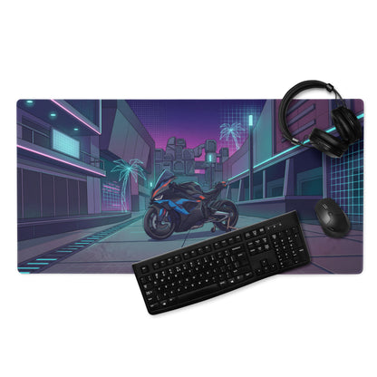 BMW M1000RR Inspired Black Blue Vaporwave Gaming Mouse Pad – Neon Cyber City Desk Mat, Futuristic Palm Tree Sportbike Digital Art