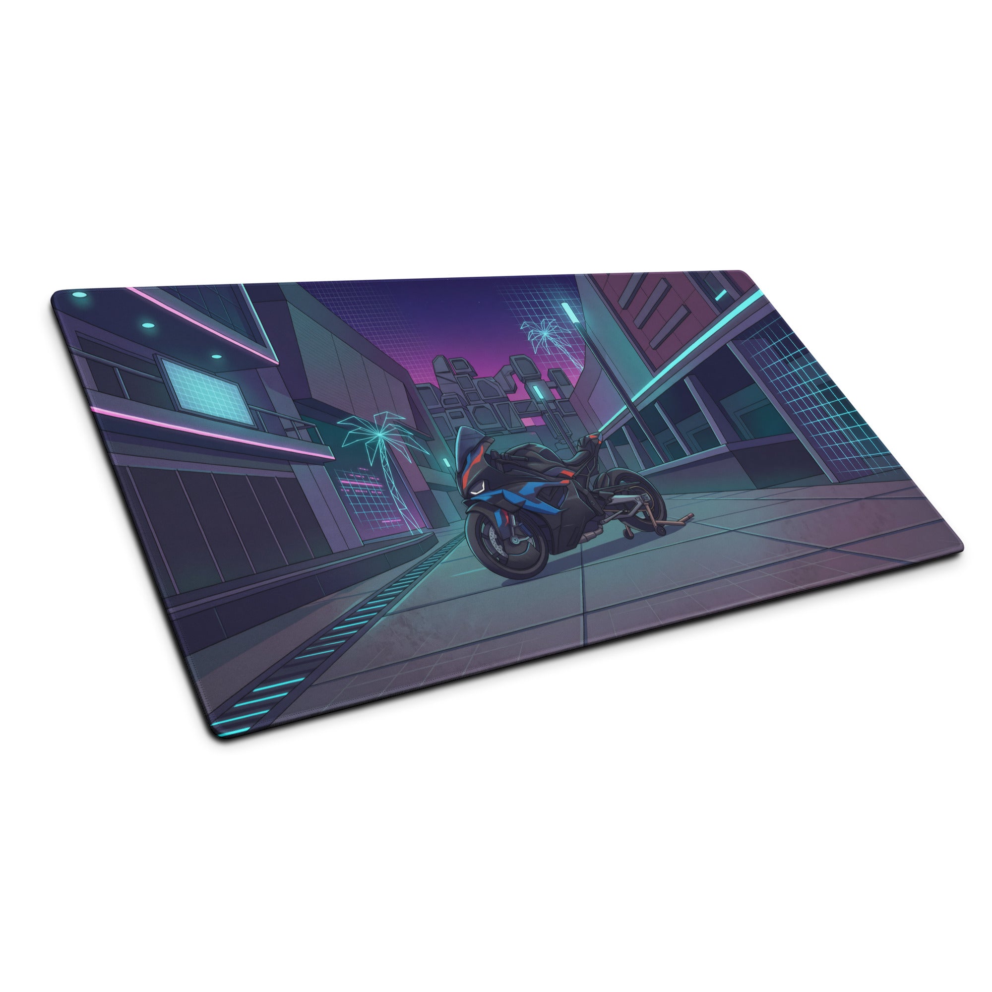 BMW M1000RR Inspired Black Blue Vaporwave Gaming Mouse Pad – Neon Cyber City Desk Mat, Futuristic Palm Tree Sportbike Digital Art