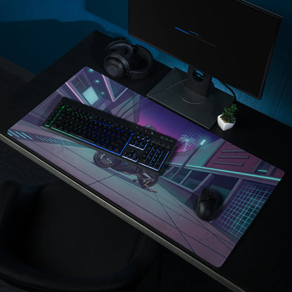 BMW M1000RR Inspired Black Blue Vaporwave Gaming Mouse Pad – Neon Cyber City Desk Mat, Futuristic Palm Tree Sportbike Digital Art