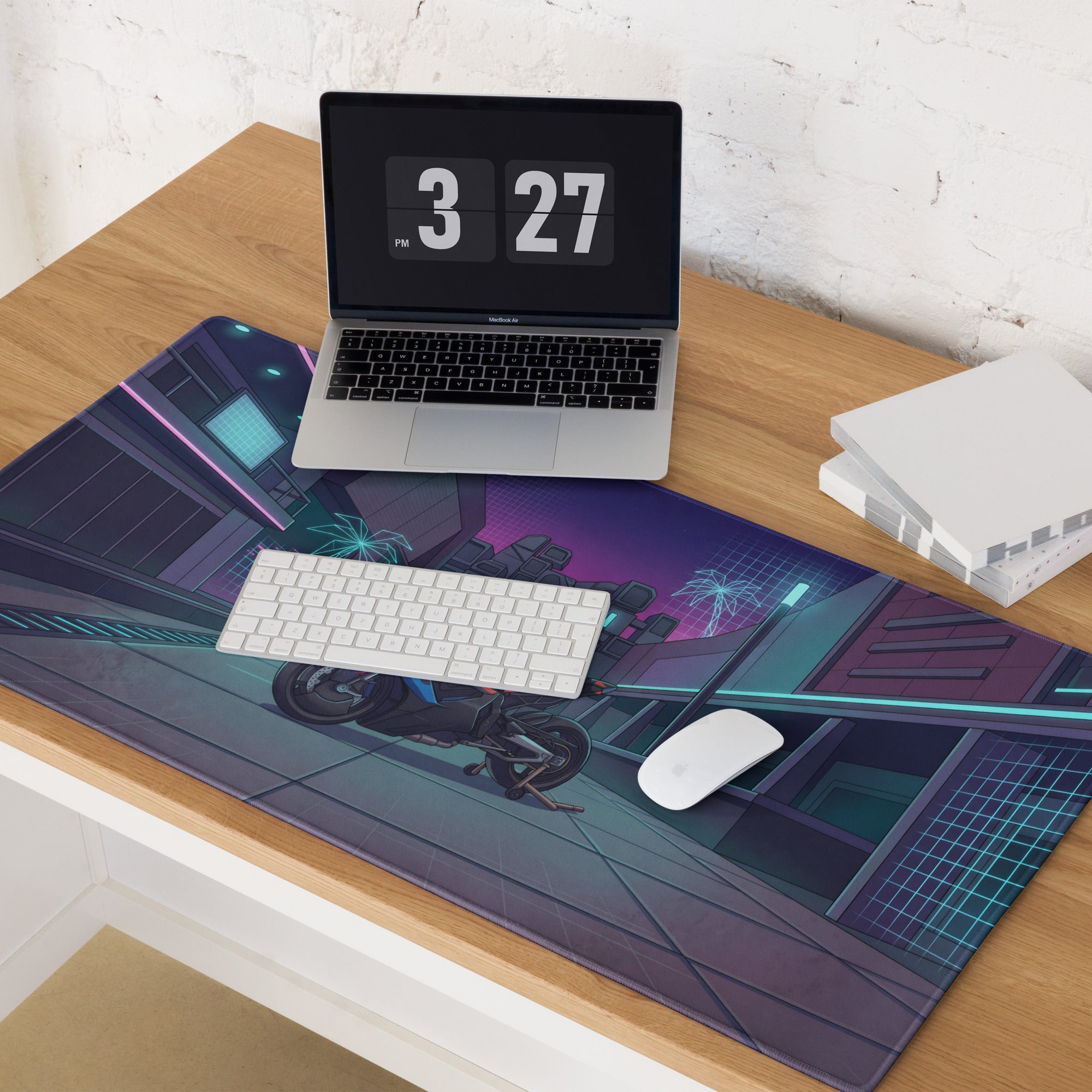 BMW M1000RR Inspired Black Blue Vaporwave Gaming Mouse Pad – Neon Cyber City Desk Mat, Futuristic Palm Tree Sportbike Digital Art