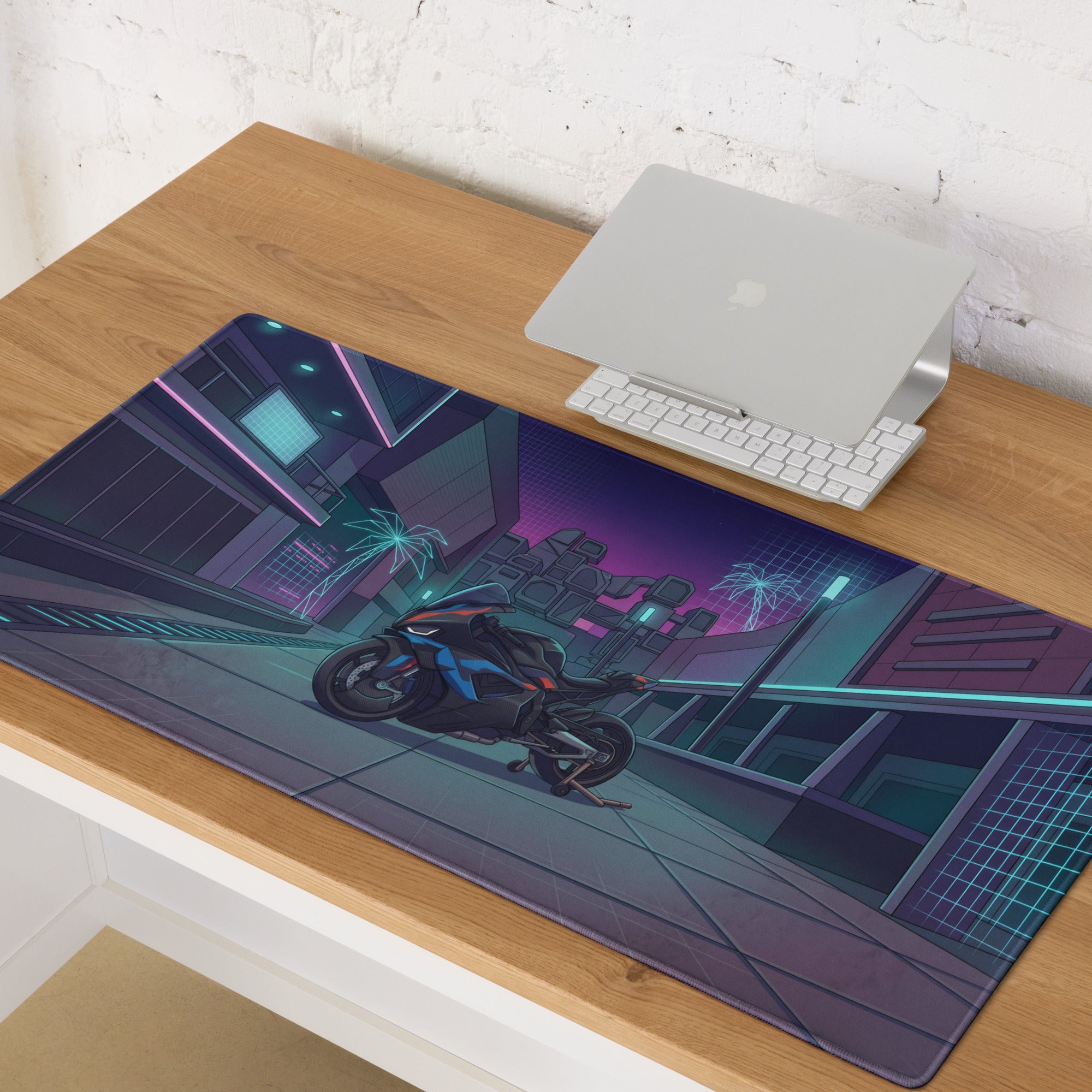 BMW M1000RR Inspired Black Blue Vaporwave Gaming Mouse Pad – Neon Cyber City Desk Mat, Futuristic Palm Tree Sportbike Digital Art