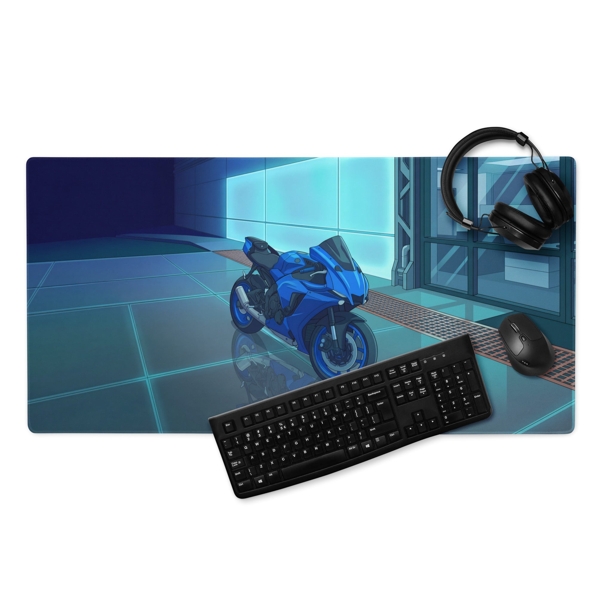 Yamaha R1 Inspired Blue Cyan Vaporwave Gaming Mouse Pad – Neon Futuristic Garage Desk Mat, Moody Reflective Sportbike Digital Art