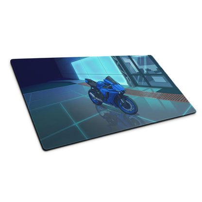 Yamaha R1 Inspired Blue Cyan Vaporwave Gaming Mouse Pad – Neon Futuristic Garage Desk Mat, Moody Reflective Sportbike Digital Art