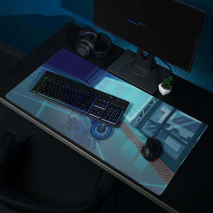 Yamaha R1 Inspired Blue Cyan Vaporwave Gaming Mouse Pad – Neon Futuristic Garage Desk Mat, Moody Reflective Sportbike Digital Art