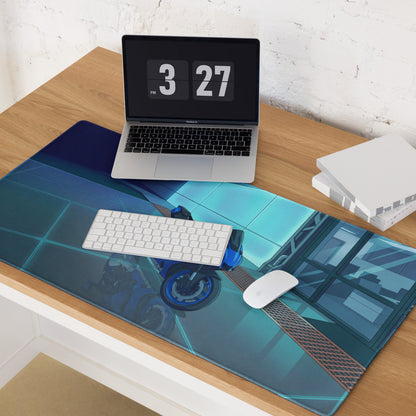 Yamaha R1 Inspired Blue Cyan Vaporwave Gaming Mouse Pad – Neon Futuristic Garage Desk Mat, Moody Reflective Sportbike Digital Art