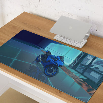 Yamaha R1 Inspired Blue Cyan Vaporwave Gaming Mouse Pad – Neon Futuristic Garage Desk Mat, Moody Reflective Sportbike Digital Art