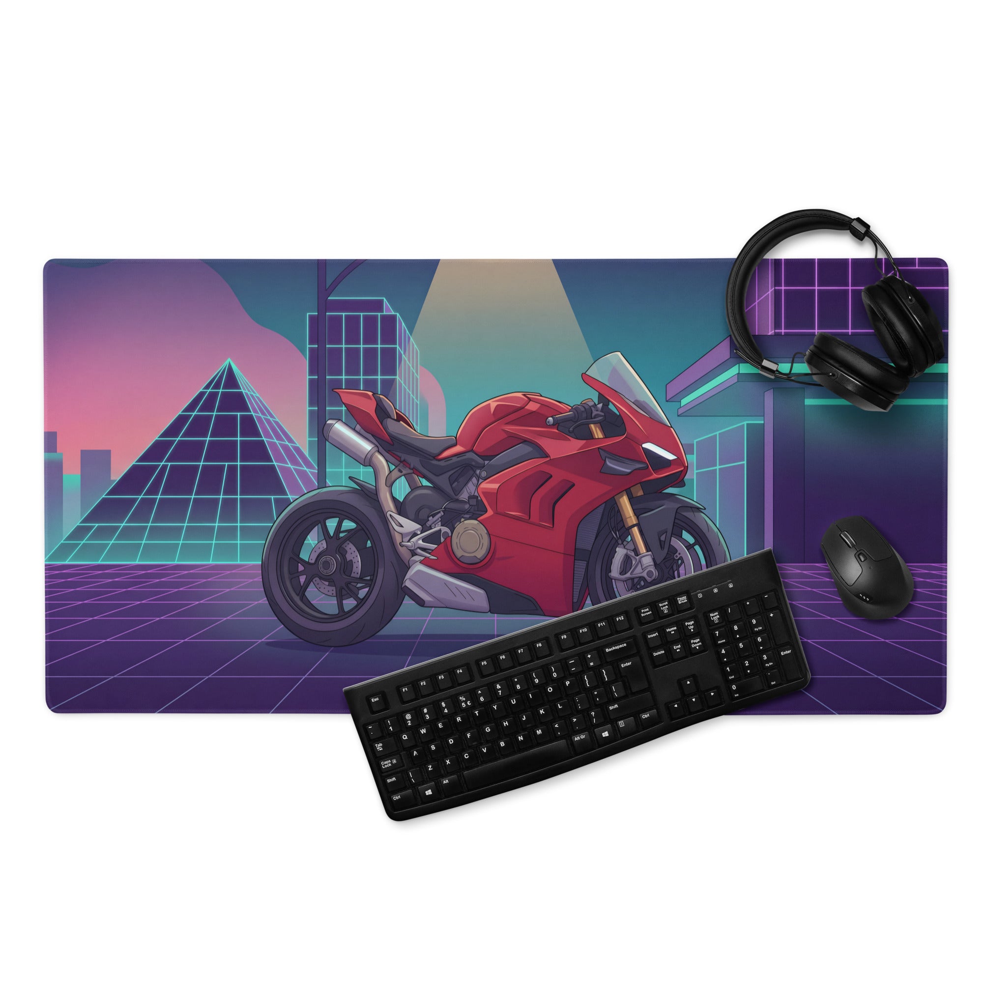 Ducati Panigale V4 Inspired Red Purple Vaporwave Gaming Mouse Pad – Neon Cyber City Desk Mat, Retro Futuristic Pyramid Sportbike Digital Art