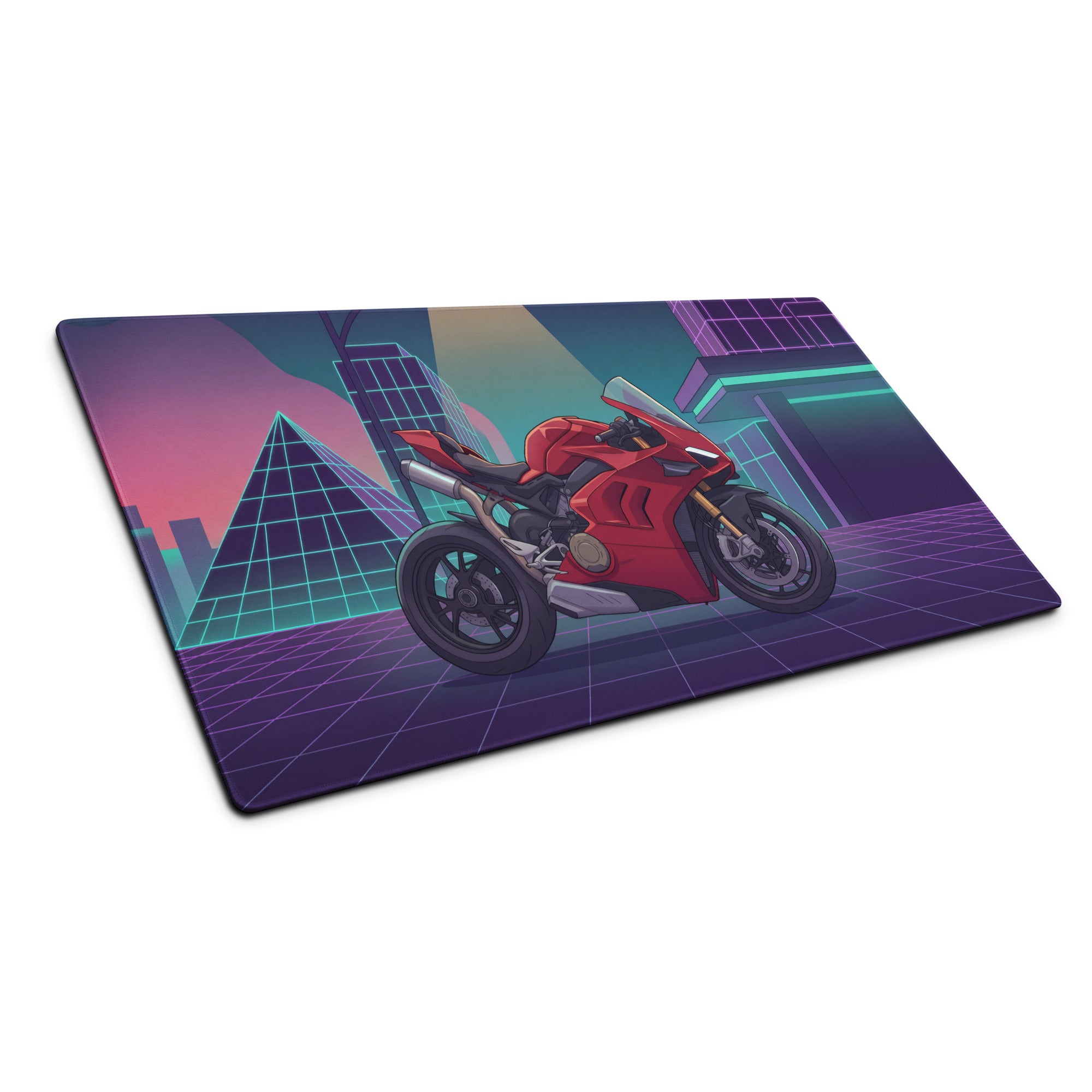Ducati Panigale V4 Inspired Red Purple Vaporwave Gaming Mouse Pad – Neon Cyber City Desk Mat, Retro Futuristic Pyramid Sportbike Digital Art