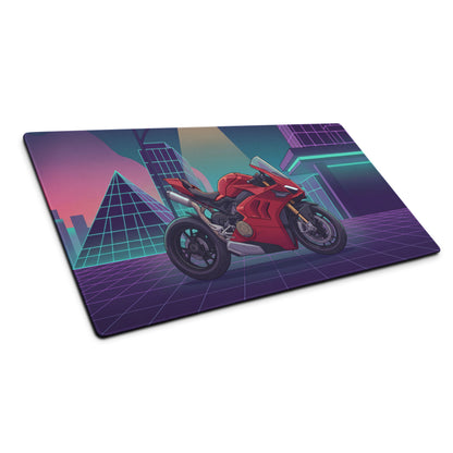 Ducati Panigale V4 Inspired Red Purple Vaporwave Gaming Mouse Pad – Neon Cyber City Desk Mat, Retro Futuristic Pyramid Sportbike Digital Art