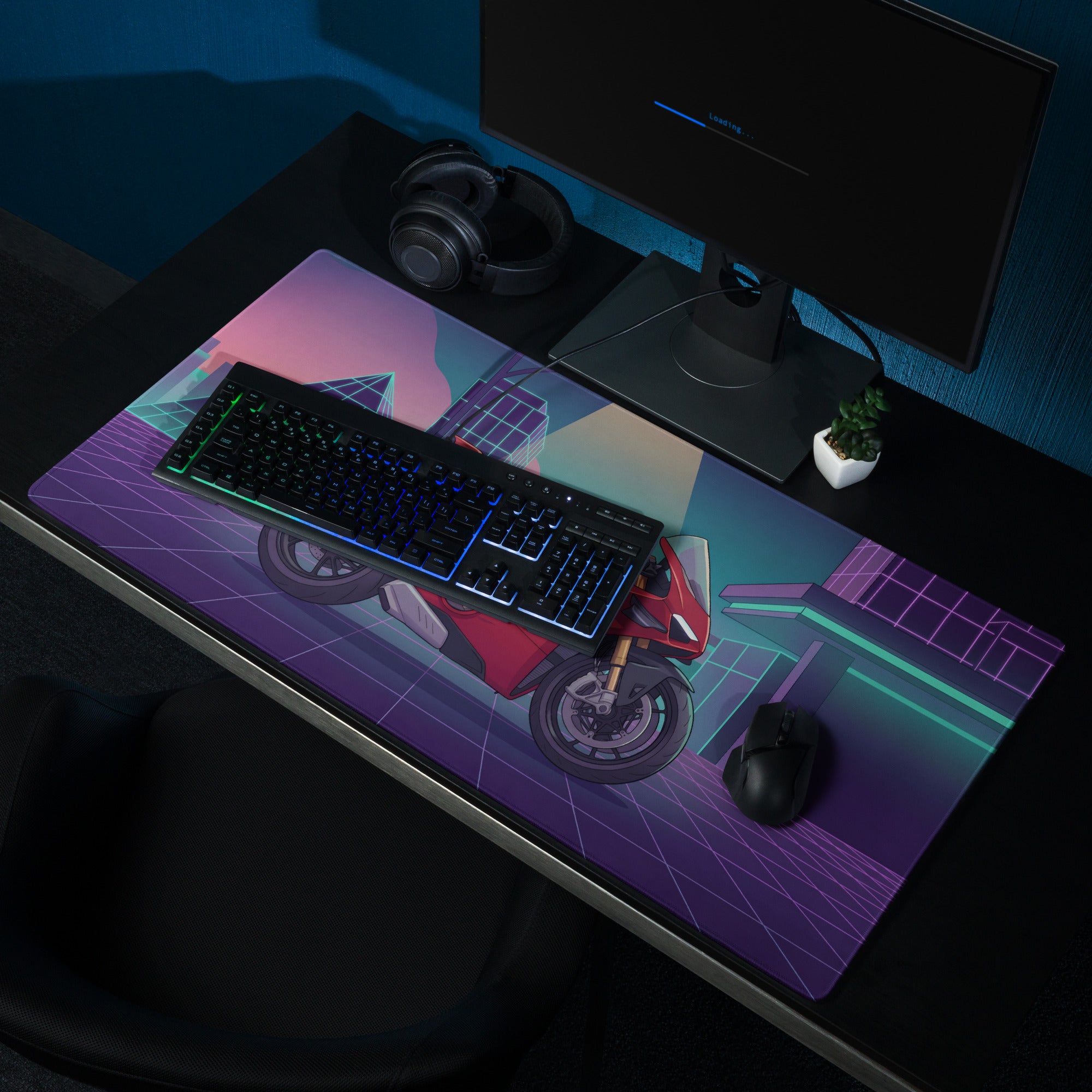 Ducati Panigale V4 Inspired Red Purple Vaporwave Gaming Mouse Pad – Neon Cyber City Desk Mat, Retro Futuristic Pyramid Sportbike Digital Art