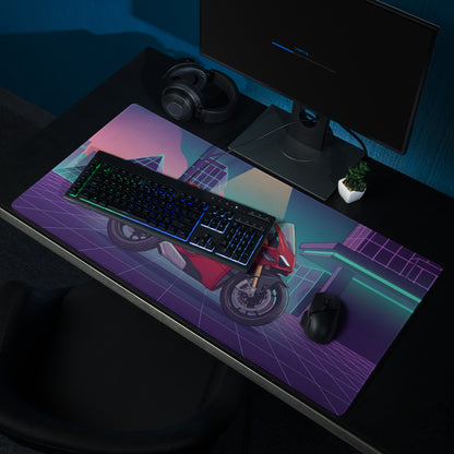 Ducati Panigale V4 Inspired Red Purple Vaporwave Gaming Mouse Pad – Neon Cyber City Desk Mat, Retro Futuristic Pyramid Sportbike Digital Art