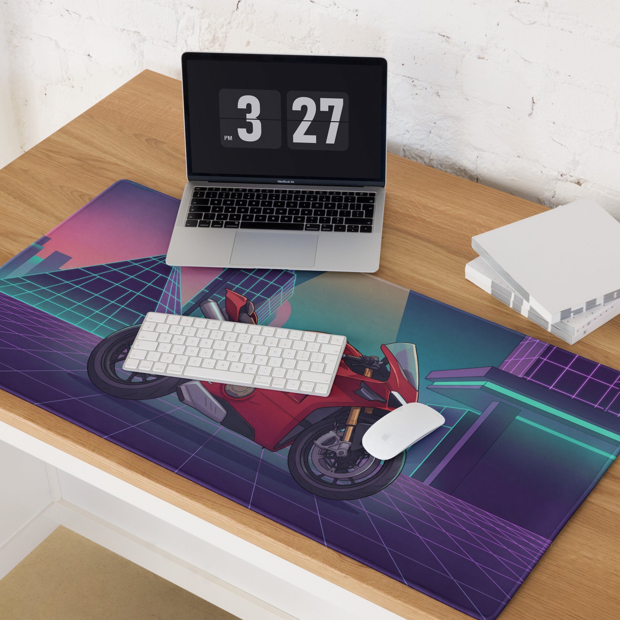 Ducati Panigale V4 Inspired Red Purple Vaporwave Gaming Mouse Pad – Neon Cyber City Desk Mat, Retro Futuristic Pyramid Sportbike Digital Art