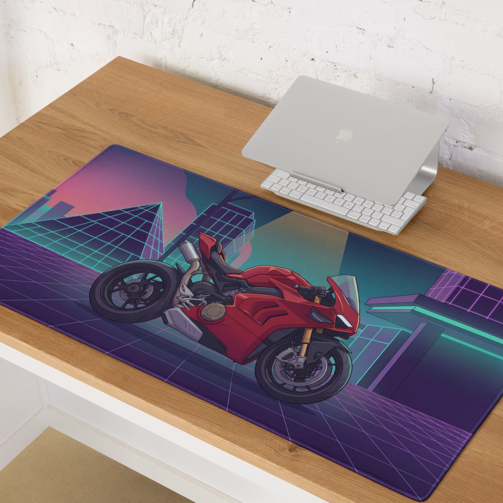 Ducati Panigale V4 Inspired Red Purple Vaporwave Gaming Mouse Pad – Neon Cyber City Desk Mat, Retro Futuristic Pyramid Sportbike Digital Art