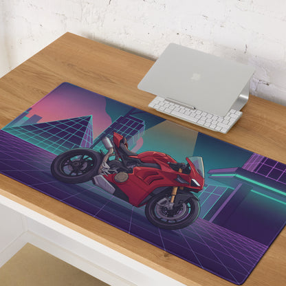 Ducati Panigale V4 Inspired Red Purple Vaporwave Gaming Mouse Pad – Neon Cyber City Desk Mat, Retro Futuristic Pyramid Sportbike Digital Art