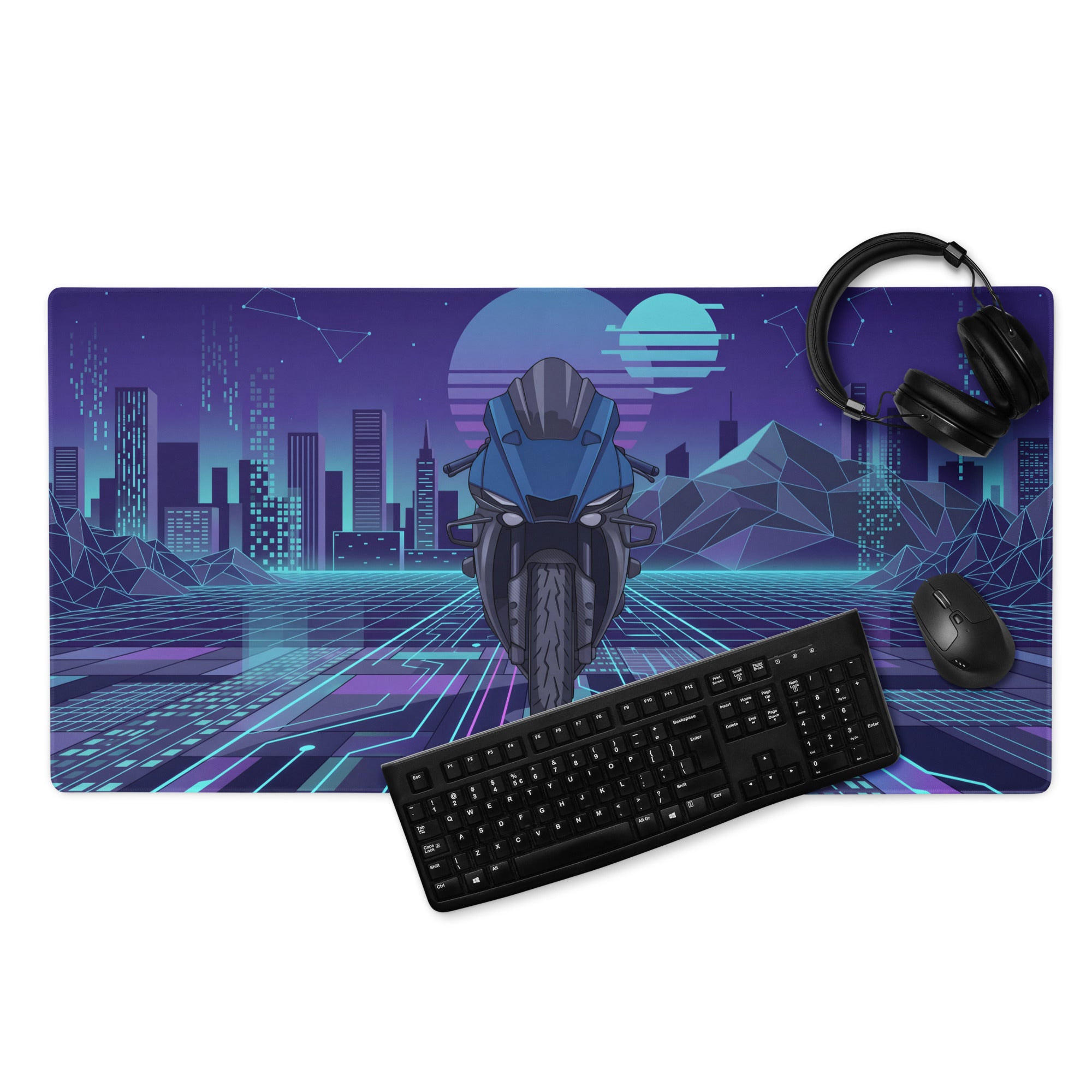 Yamaha R1 Inspired Blue Purple Vaporwave Gaming Mouse Pad – Neon Cyber City Desk Mat, Retro Futuristic Synthwave Sportbike Vector Art, 80s Aesthetic Gamer Desk Decor