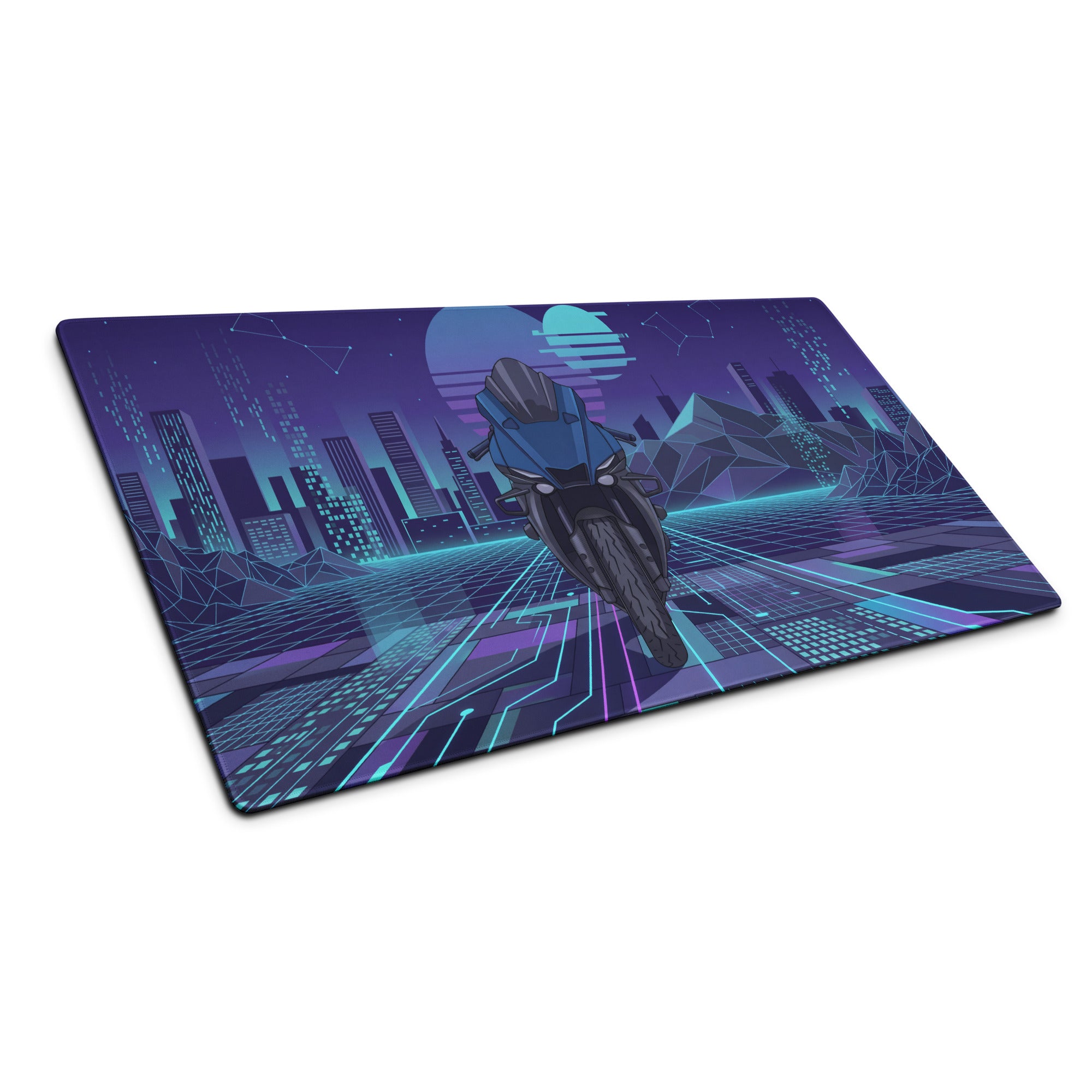 Yamaha R1 Inspired Blue Purple Vaporwave Gaming Mouse Pad – Neon Cyber City Desk Mat, Retro Futuristic Synthwave Sportbike Vector Art, 80s Aesthetic Gamer Desk Decor