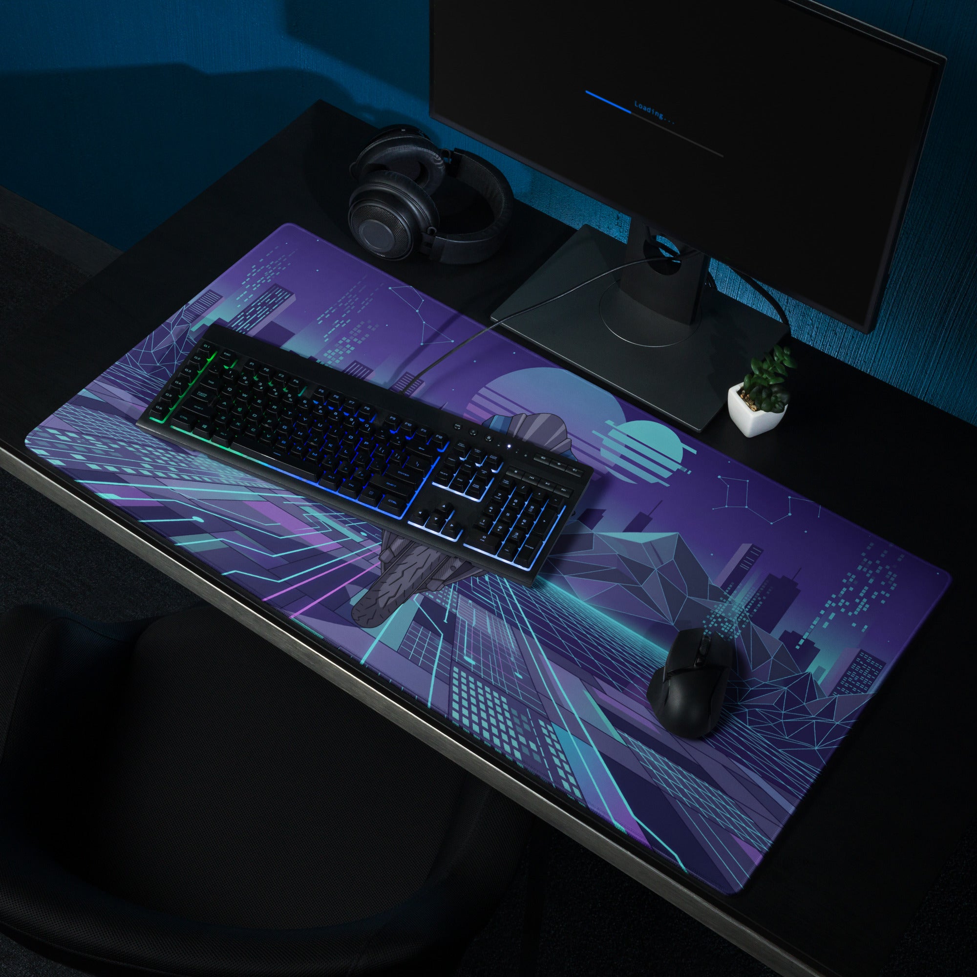 Yamaha R1 Inspired Blue Purple Vaporwave Gaming Mouse Pad – Neon Cyber City Desk Mat, Retro Futuristic Synthwave Sportbike Vector Art, 80s Aesthetic Gamer Desk Decor