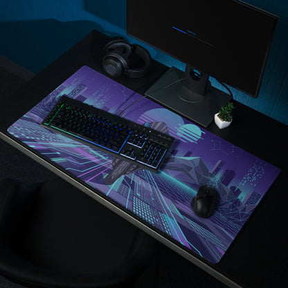 Yamaha R1 Inspired Blue Purple Vaporwave Gaming Mouse Pad – Neon Cyber City Desk Mat, Retro Futuristic Synthwave Sportbike Vector Art, 80s Aesthetic Gamer Desk Decor