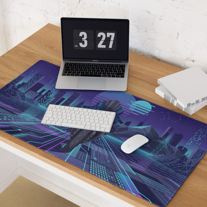 Yamaha R1 Inspired Blue Purple Vaporwave Gaming Mouse Pad – Neon Cyber City Desk Mat, Retro Futuristic Synthwave Sportbike Vector Art, 80s Aesthetic Gamer Desk Decor