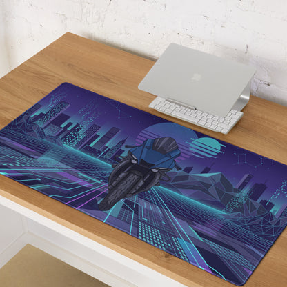Yamaha R1 Inspired Blue Purple Vaporwave Gaming Mouse Pad – Neon Cyber City Desk Mat, Retro Futuristic Synthwave Sportbike Vector Art, 80s Aesthetic Gamer Desk Decor