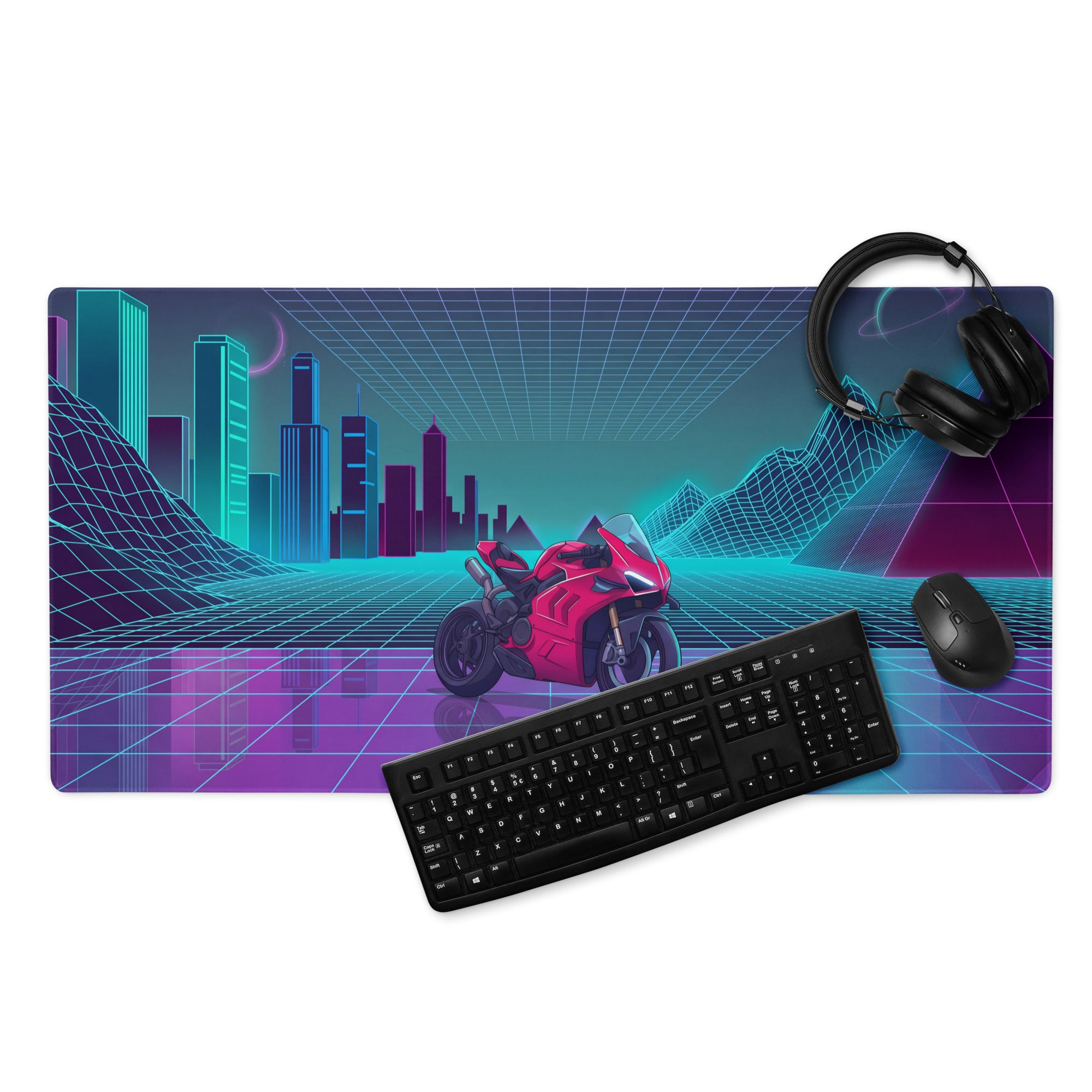 Ducati Panigale V4S Inspired Red Cyan Vaporwave Gaming Mouse Pad – Neon Grid City Desk Mat, Retro Futuristic Synthwave Sportbike Vector Art