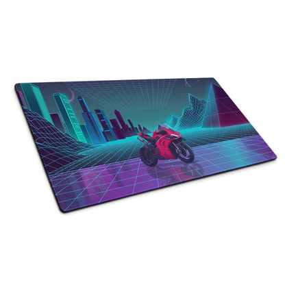Ducati Panigale V4S Inspired Red Cyan Vaporwave Gaming Mouse Pad – Neon Grid City Desk Mat, Retro Futuristic Synthwave Sportbike Vector Art