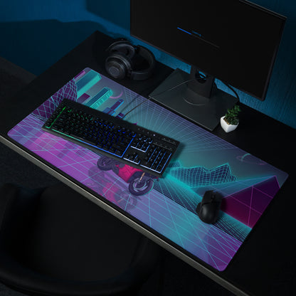 Ducati Panigale V4S Inspired Red Cyan Vaporwave Gaming Mouse Pad – Neon Grid City Desk Mat, Retro Futuristic Synthwave Sportbike Vector Art