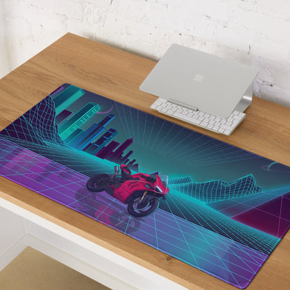 Ducati Panigale V4S Inspired Red Cyan Vaporwave Gaming Mouse Pad – Neon Grid City Desk Mat, Retro Futuristic Synthwave Sportbike Vector Art