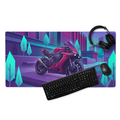 Yamaha YZF-R1 Inspired Red Purple Vaporwave Gaming Mouse Pad – Neon Cyber City Desk Mat, Retro Futuristic Synthwave Sportbike Vector Art