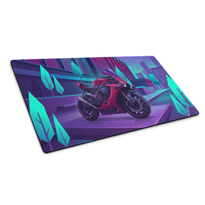 Yamaha YZF-R1 Inspired Red Purple Vaporwave Gaming Mouse Pad – Neon Cyber City Desk Mat, Retro Futuristic Synthwave Sportbike Vector Art