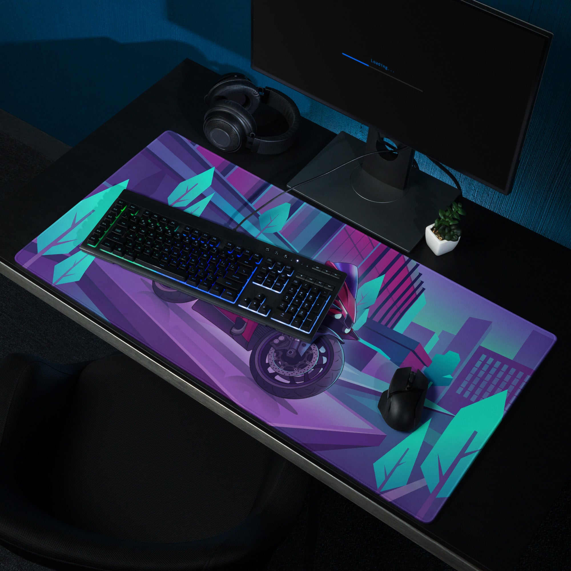 Yamaha YZF-R1 Inspired Red Purple Vaporwave Gaming Mouse Pad – Neon Cyber City Desk Mat, Retro Futuristic Synthwave Sportbike Vector Art