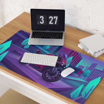 Yamaha YZF-R1 Inspired Red Purple Vaporwave Gaming Mouse Pad – Neon Cyber City Desk Mat, Retro Futuristic Synthwave Sportbike Vector Art