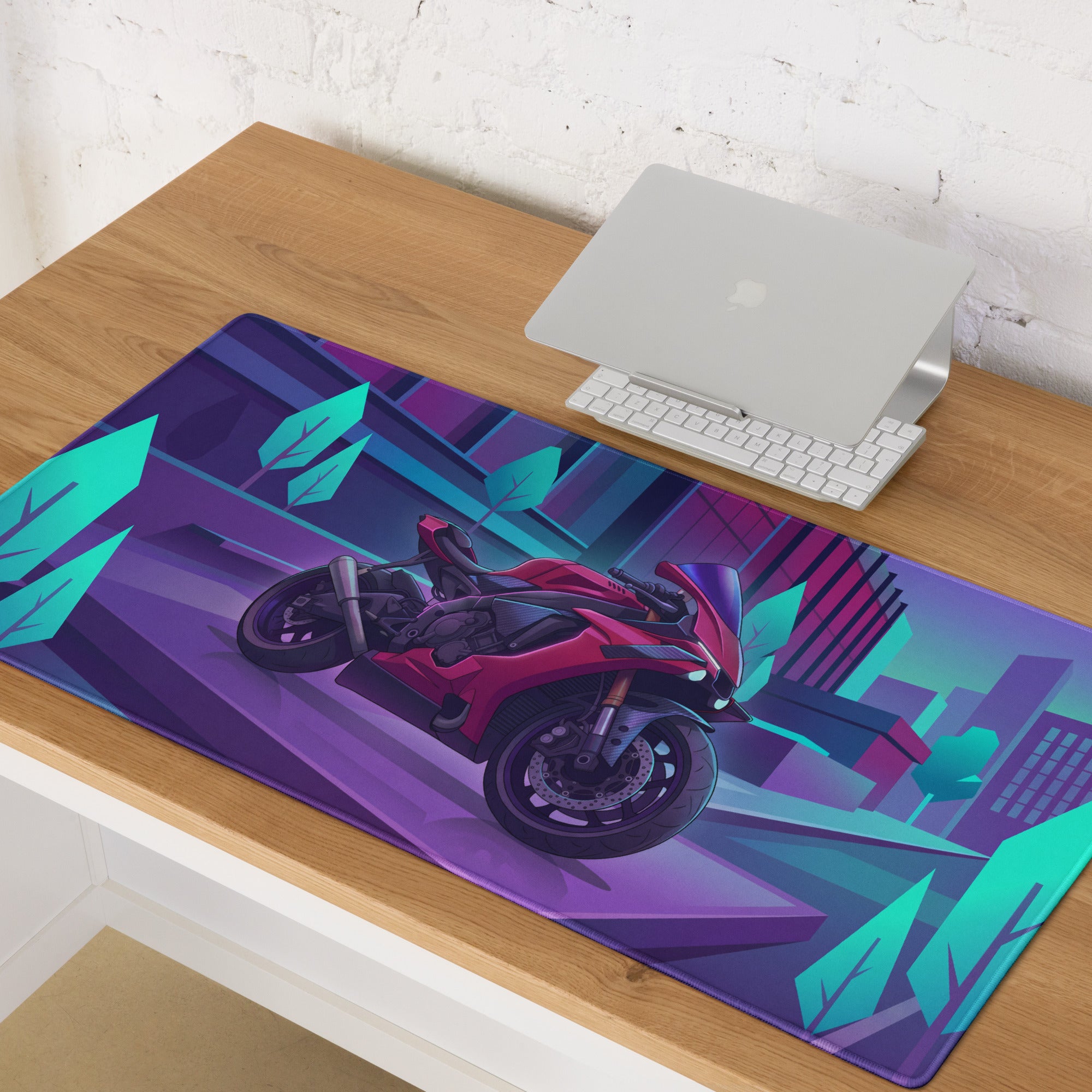 Yamaha YZF-R1 Inspired Red Purple Vaporwave Gaming Mouse Pad – Neon Cyber City Desk Mat, Retro Futuristic Synthwave Sportbike Vector Art