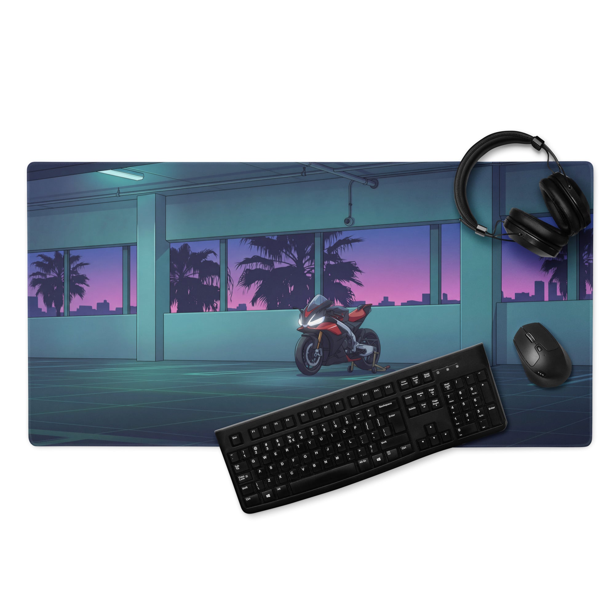Aprilia RSV4 Inspired Red Blue Vaporwave Gaming Mouse Pad – Neon Sunset Parking Garage Desk Mat, Retro Futuristic Sportbike Vector Art
