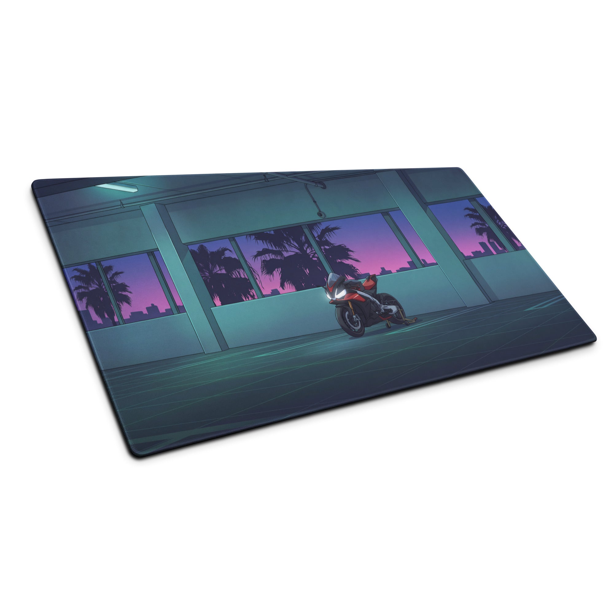 Aprilia RSV4 Inspired Red Blue Vaporwave Gaming Mouse Pad – Neon Sunset Parking Garage Desk Mat, Retro Futuristic Sportbike Vector Art