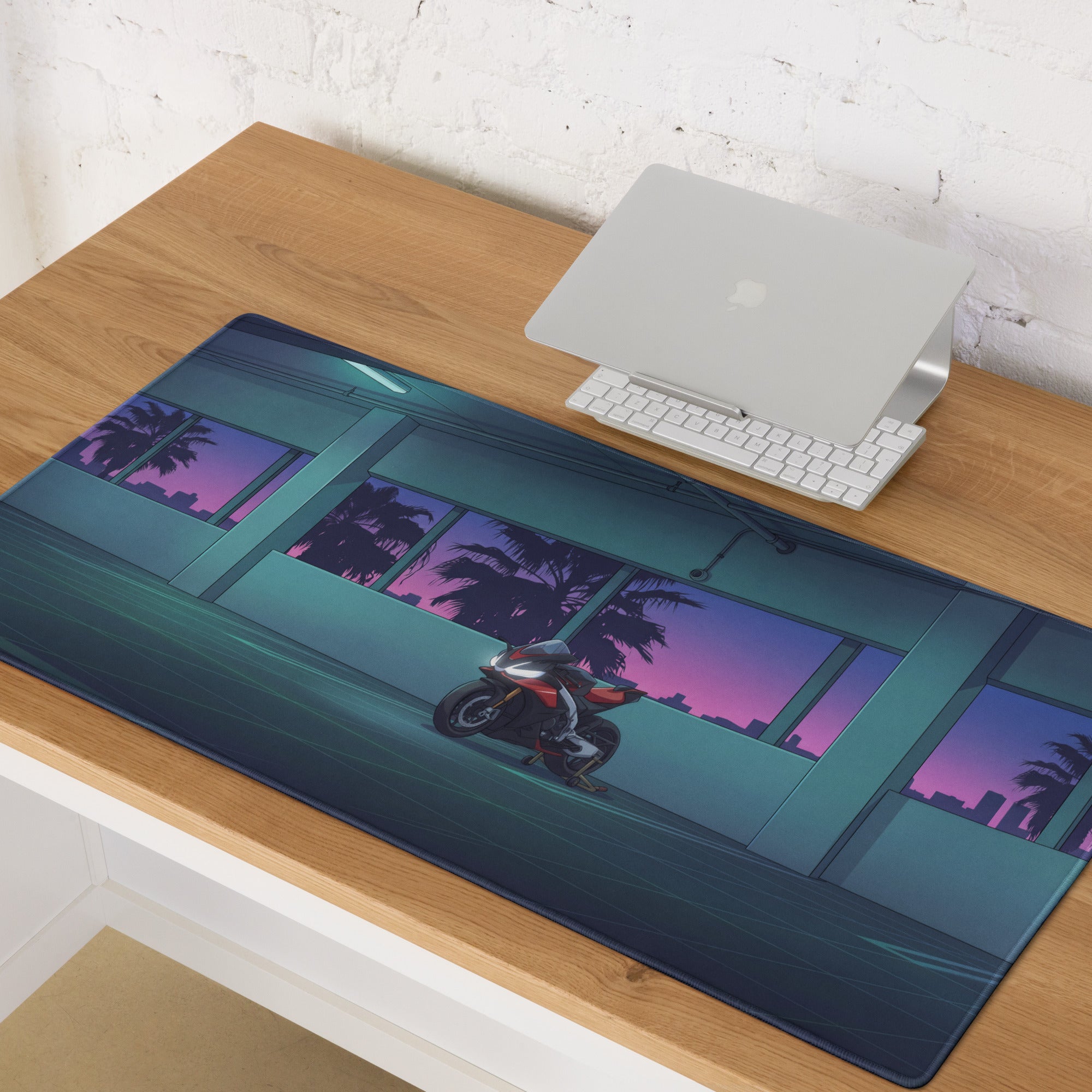 Aprilia RSV4 Inspired Red Blue Vaporwave Gaming Mouse Pad – Neon Sunset Parking Garage Desk Mat, Retro Futuristic Sportbike Vector Art