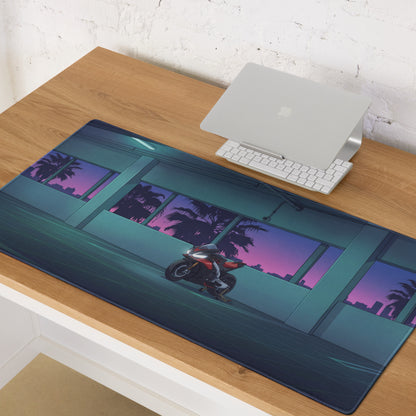 Aprilia RSV4 Inspired Red Blue Vaporwave Gaming Mouse Pad – Neon Sunset Parking Garage Desk Mat, Retro Futuristic Sportbike Vector Art