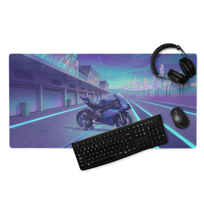 Yamaha R9 Inspired Blue Purple Vaporwave Gaming Mouse Pad – Neon Cyber Racetrack Desk Mat, Retro Futuristic Synthwave Sportbike Vector Art