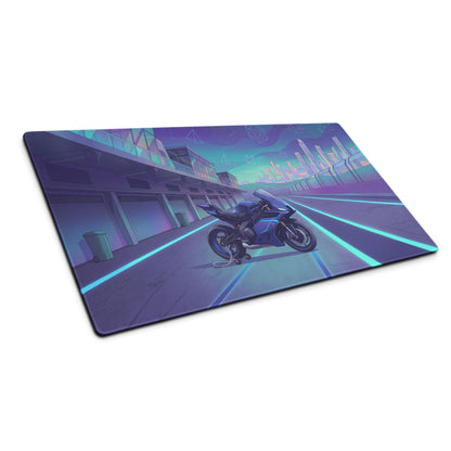 Yamaha R9 Inspired Blue Purple Vaporwave Gaming Mouse Pad – Neon Cyber Racetrack Desk Mat, Retro Futuristic Synthwave Sportbike Vector Art