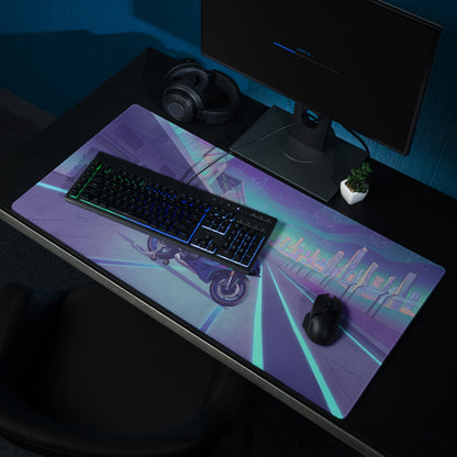 Yamaha R9 Inspired Blue Purple Vaporwave Gaming Mouse Pad – Neon Cyber Racetrack Desk Mat, Retro Futuristic Synthwave Sportbike Vector Art