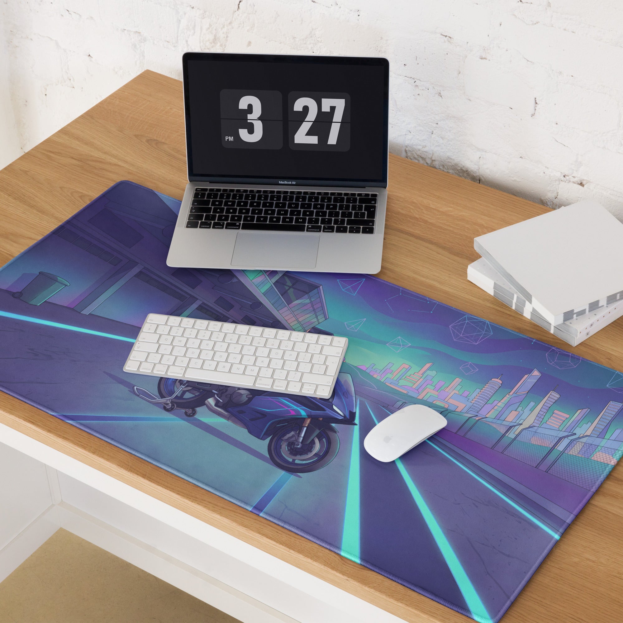 Yamaha R9 Inspired Blue Purple Vaporwave Gaming Mouse Pad – Neon Cyber Racetrack Desk Mat, Retro Futuristic Synthwave Sportbike Vector Art