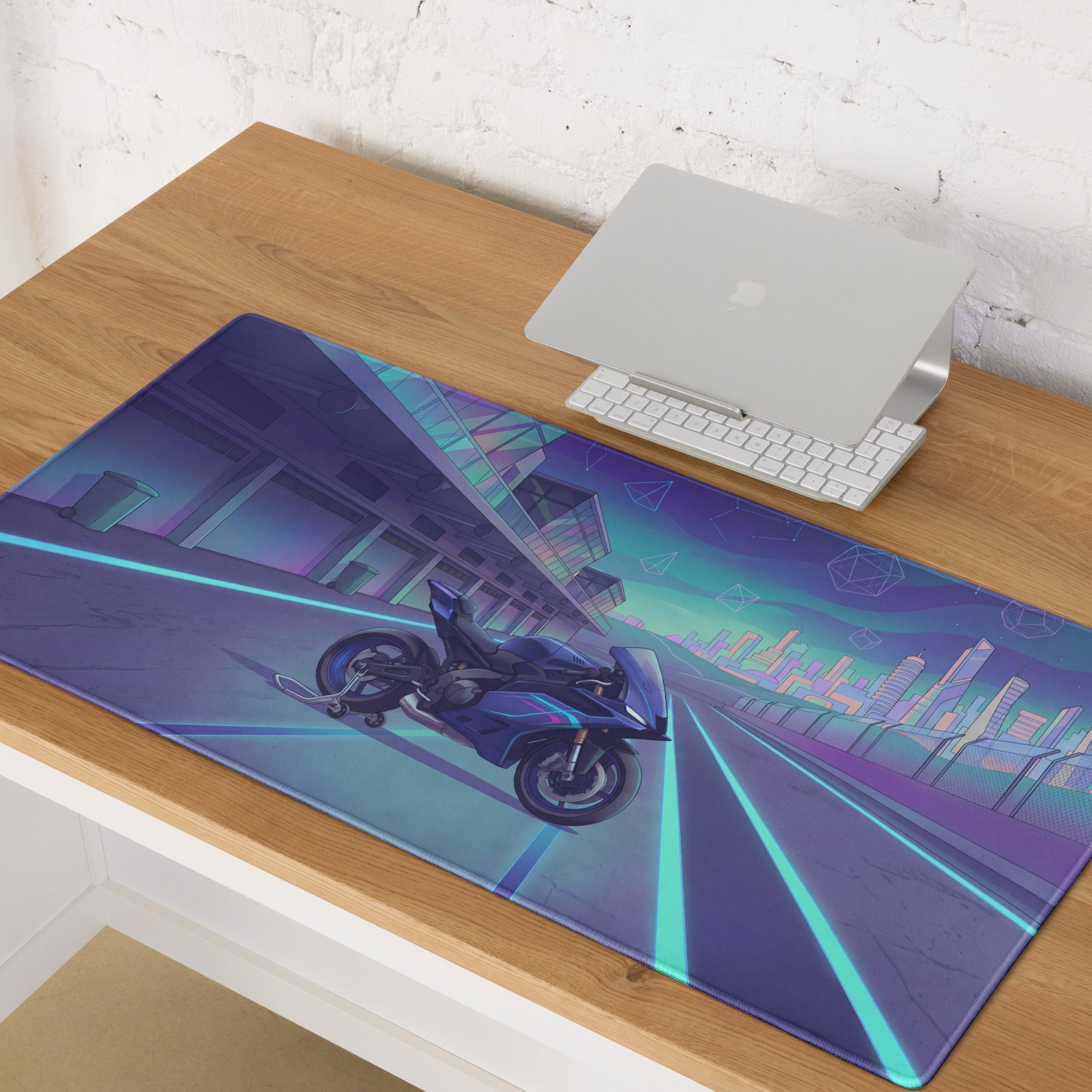 Yamaha R9 Inspired Blue Purple Vaporwave Gaming Mouse Pad – Neon Cyber Racetrack Desk Mat, Retro Futuristic Synthwave Sportbike Vector Art