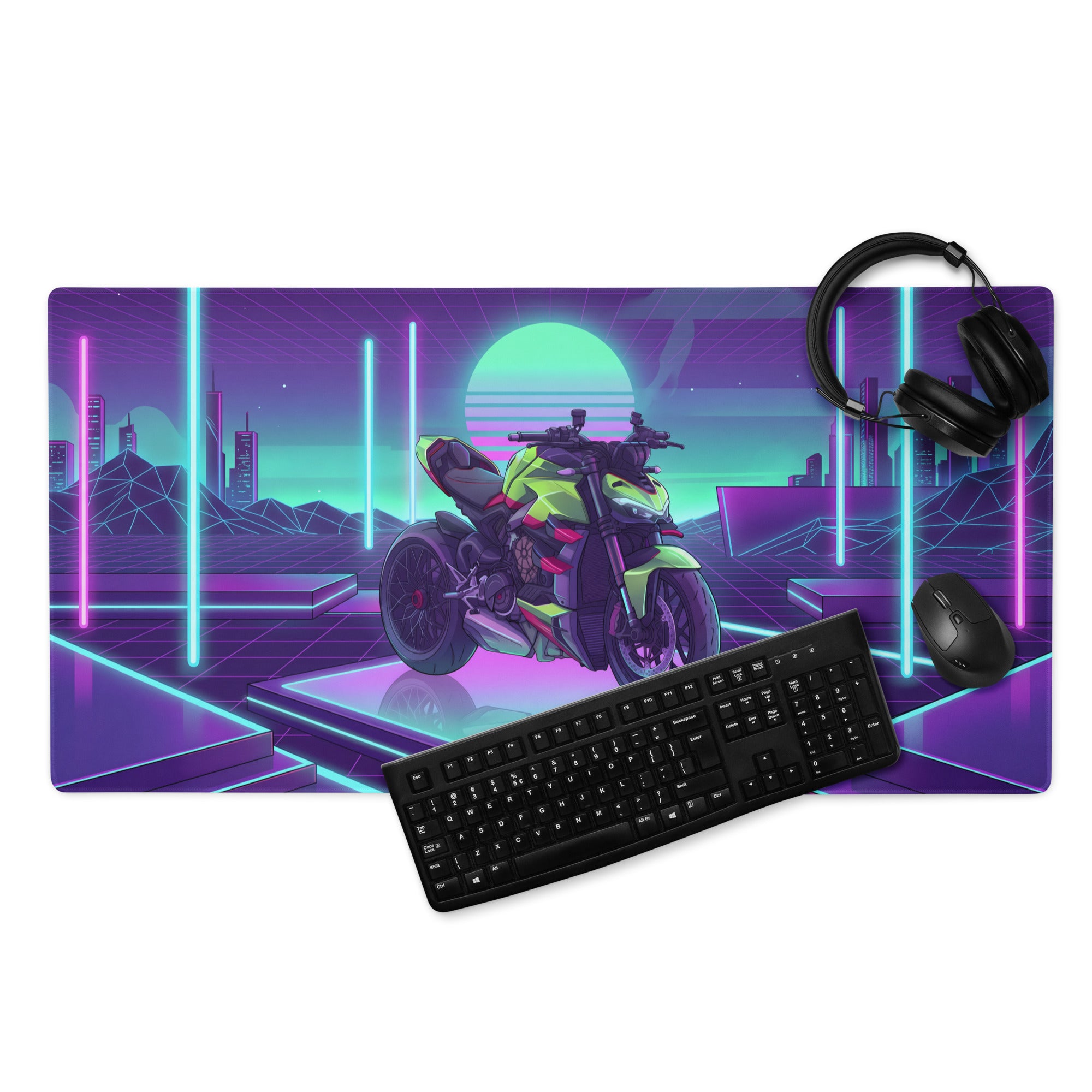Ducati Streetfighter V4S Inspired Lime Green Purple Vaporwave Gaming Mouse Pad – Neon Cyber Grid Desk Mat, Retro Futuristic Naked Bike Vector Art